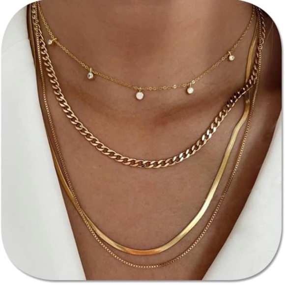 GOLD 14k Gold Plated 4pc Cubic Zirconia Chain Necklace Set - Picture 1 of 3